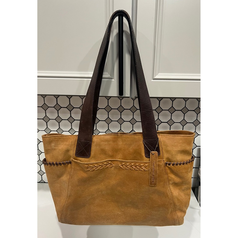 Nino Bossi Tan Suede Leather Tote Bag Whipstitch Floral Lining Boho Shoulder Bag